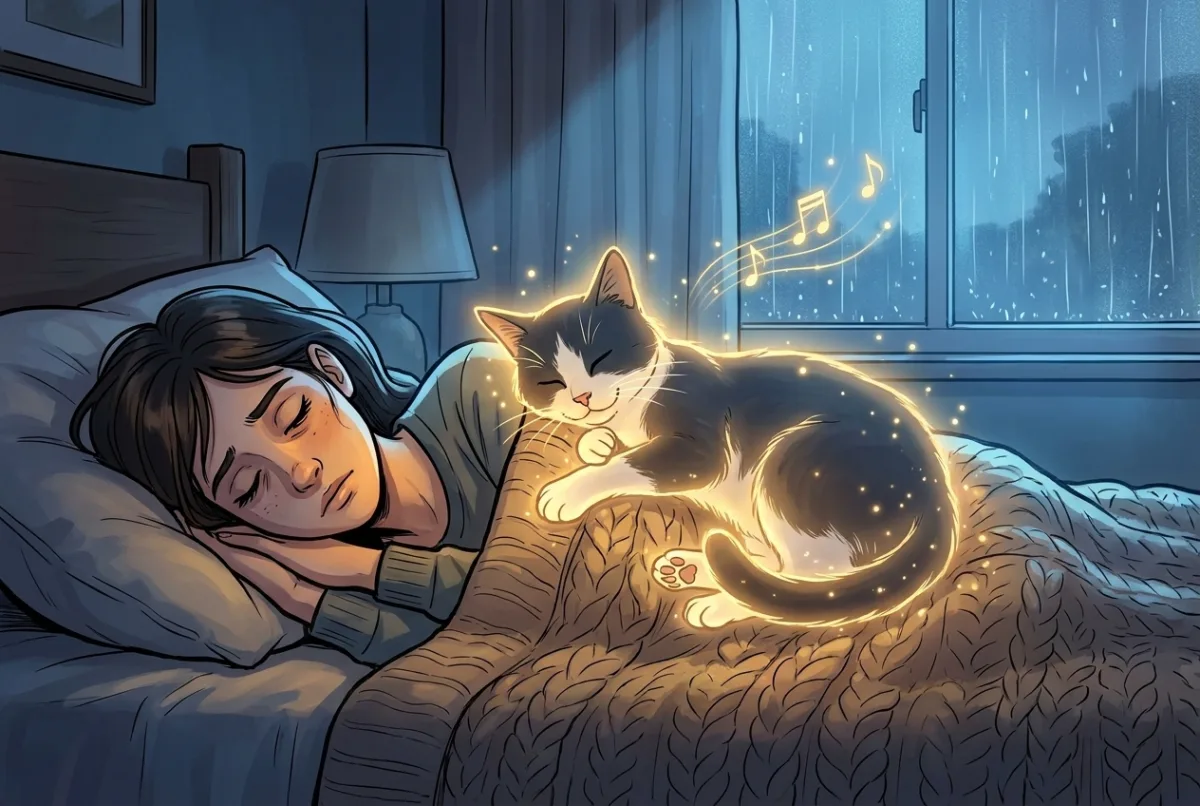 A tired woman resting on a couch by a rainy window with the glowing spirit of her tuxedo cat curled on her chest, purring