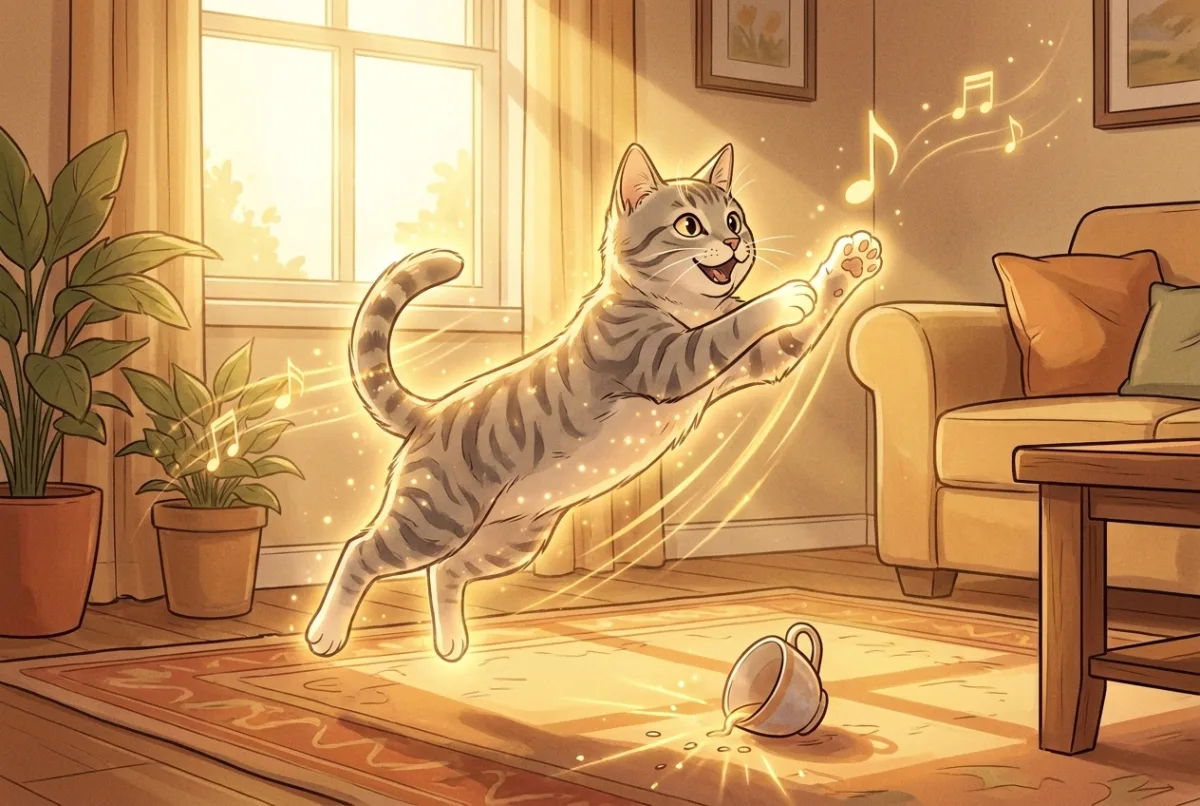 A woman laughing in the dark as the glowing spirit of her grey tabby leaps mid-pounce to knock a cup off the table during a 3 a.m. zoomie