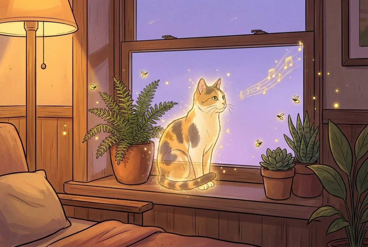 A person arriving home at dusk where the glowing spirit of their calico cat watches from the windowsill, tail curled