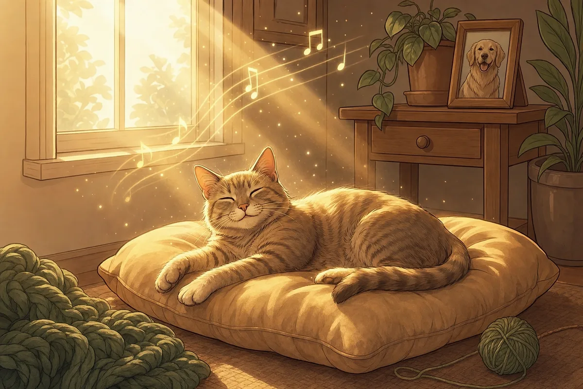 A warm golden-hour illustration of a cat stretched out in its favorite sunbeam