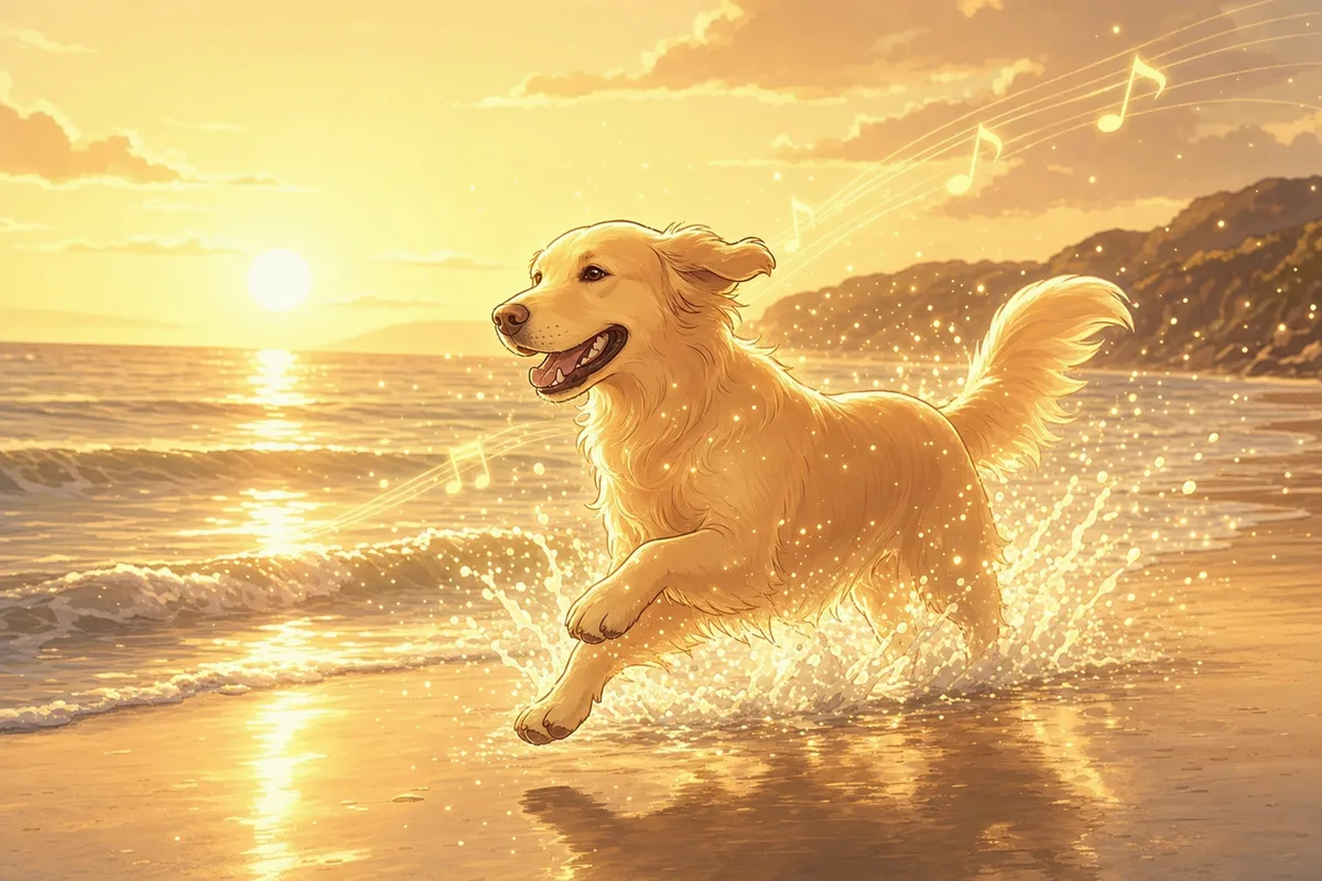 A warm golden-hour illustration of a dog running joyfully along a beach at sunset