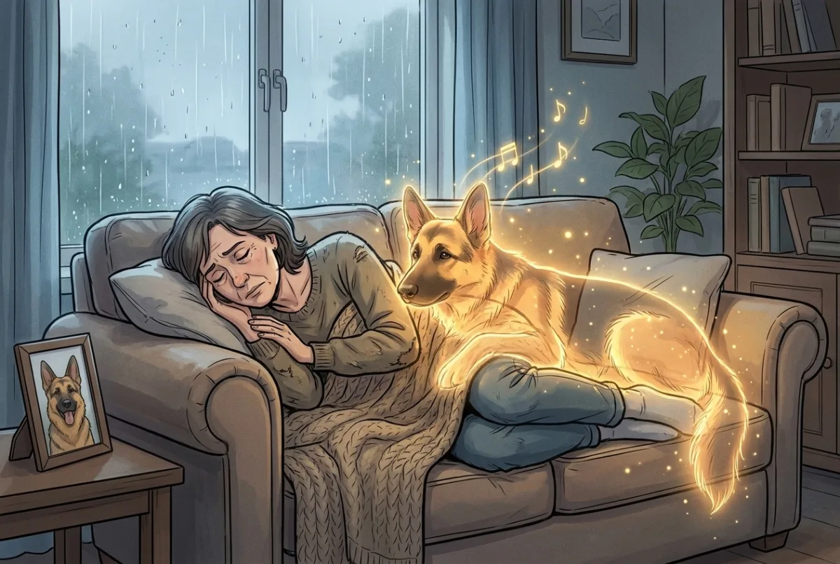 A tired woman resting on a couch by a rainy window with the glowing spirit of her dog pressed against her