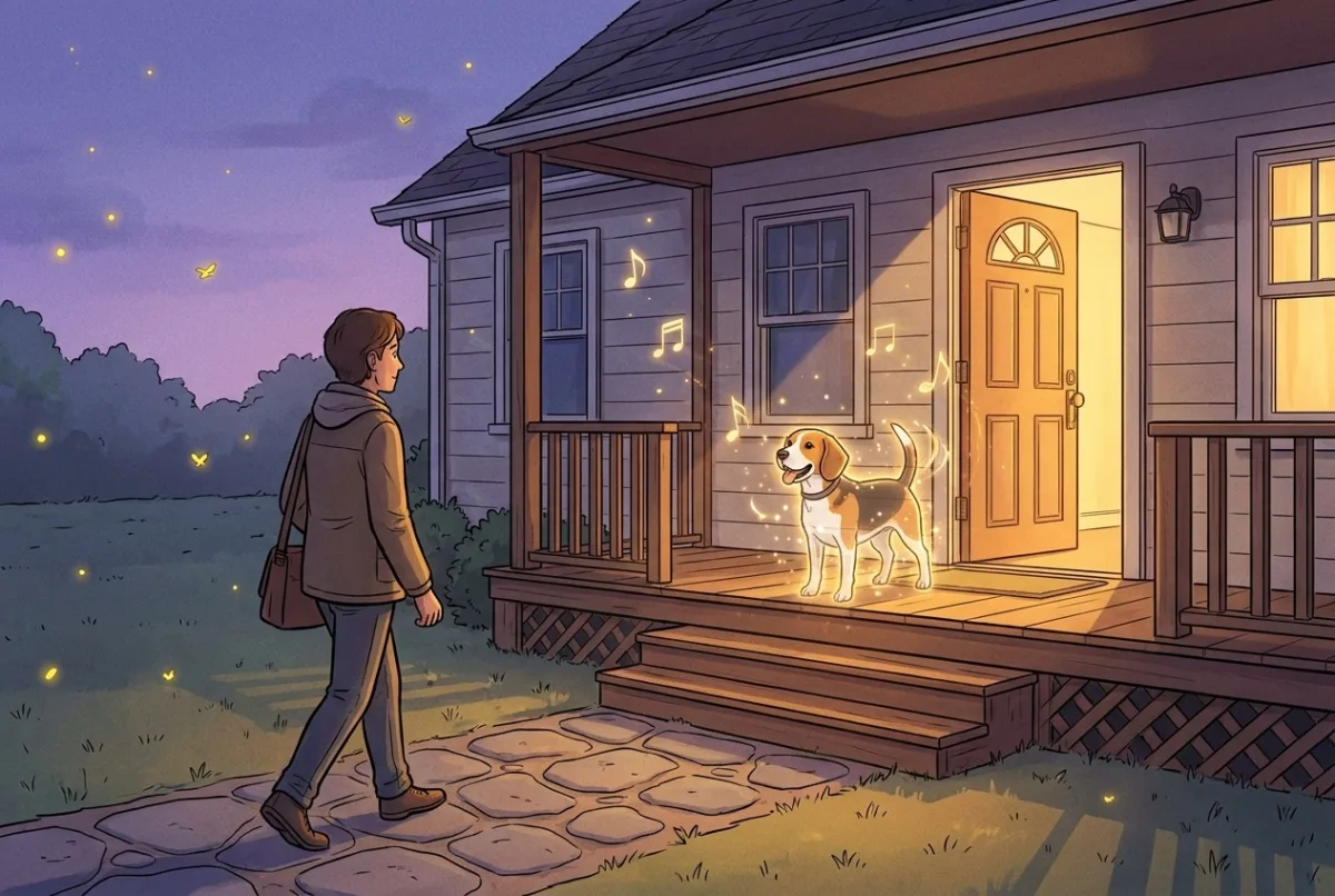A person arriving home at dusk where the glowing spirit of their dog waits on the porch with a wagging tail