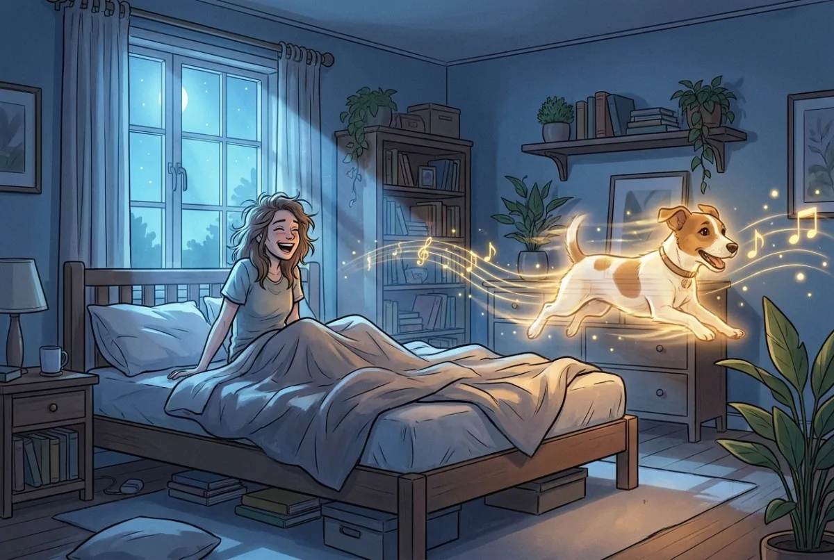 A woman laughing in the dark as the glowing spirit of her terrier does zoomies across the moonlit bedroom