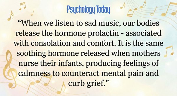 Psychology Today: When we listen to sad music, our bodies release the hormone prolactin - associated with consolation and comfort.