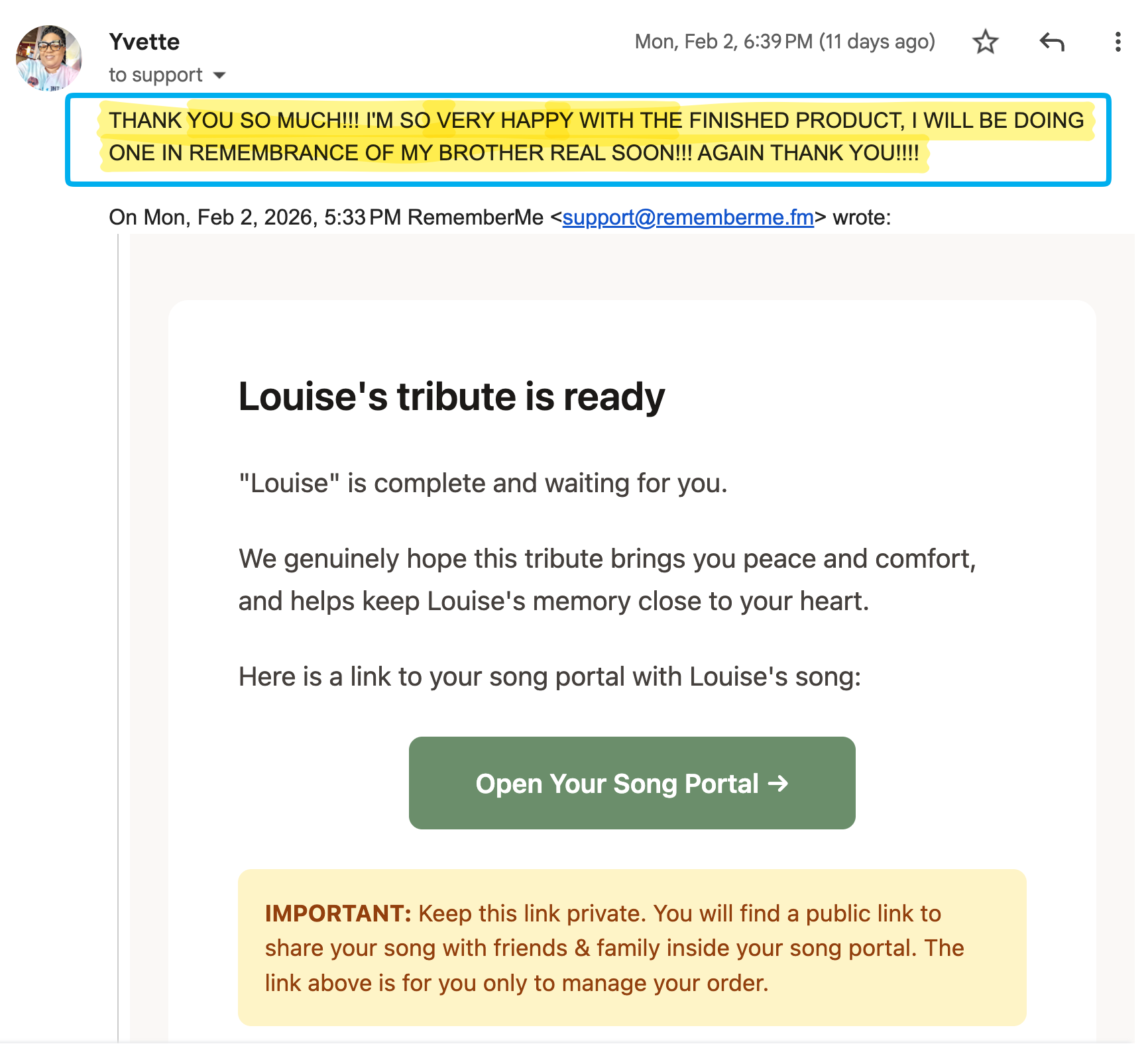 Customer testimonial from Yvette